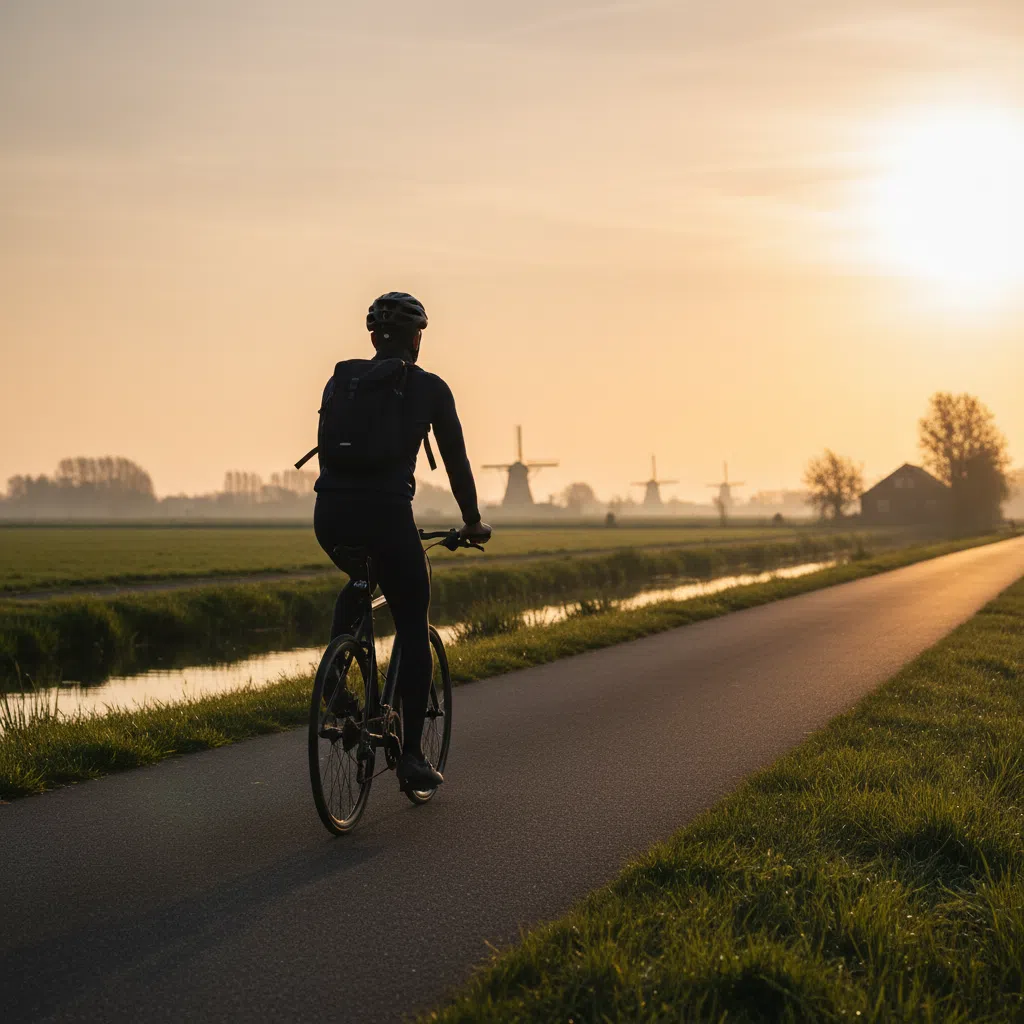 Anonieme man op de fiets in een Nederlands polderlandschap bij zonsopkomst